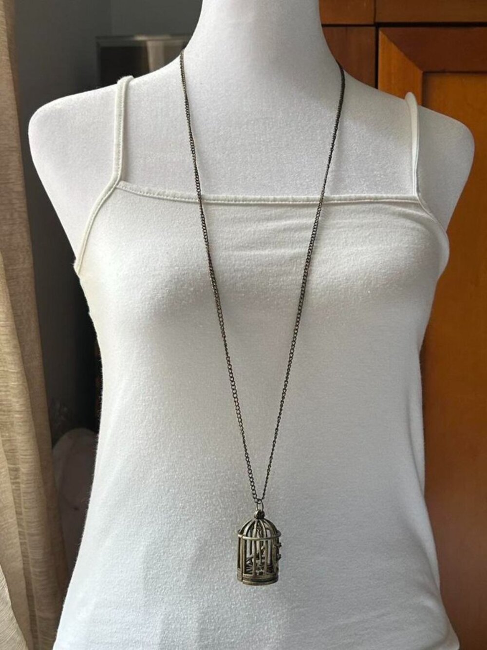 Bird in a Cage Brass Toned Long Necklace